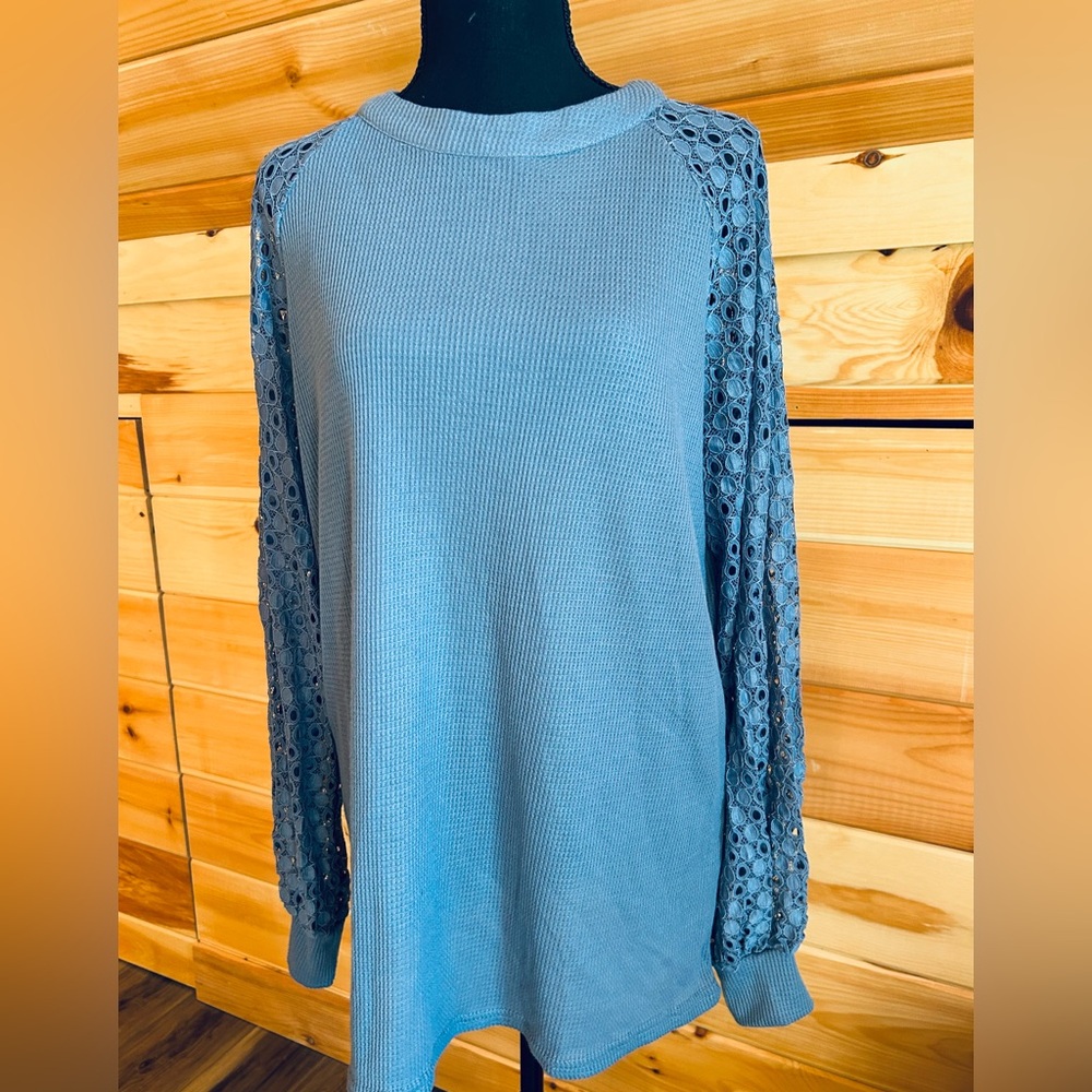 Light Blue Lace-Sleeve Women's Top